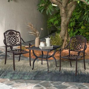 Cast Aluminum Outdoor Side Table with Storage Shelf for Garden Porch Rustic Brown |   Patio Tables Outdoor & Patio Furniture Patio Tables