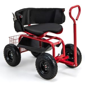 Cushioned Rolling Garden Cart Scooter with Storage Basket and Tool Pouch Black & Red |   Garden Tools Garden Black & Red