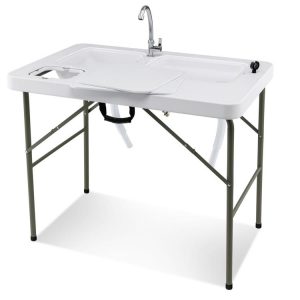 Fish Cleaning Table with 2 Sinks and 360° Rotatable Fauce White |   Camping Furniture Camping Camping Furniture