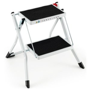 Folding 2 Step Ladder wiht Anti-Slip Pedal and Large Foot Pads Black & White |   Garden Tools Garden Black, White