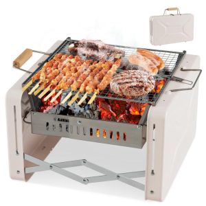 Folding Charcoal BBQ Grill with Dishwasher-safe Grill Grids and Charcoal Box Beige |   Outdoor Grills Outdoor Beige