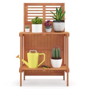 Folding Garden Potting Bench with 2-tier Storage Shelves and Teak Oil Finish for Garden Yard Balcony  |   Potting Benches & Tables Garden Potting Benches & Tables