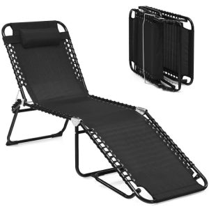 Folding Heightening Design Beach Lounge Chair with Pillow for Patio Black |   Outdoor Chaise Lounges Outdoor & Patio Furniture Black