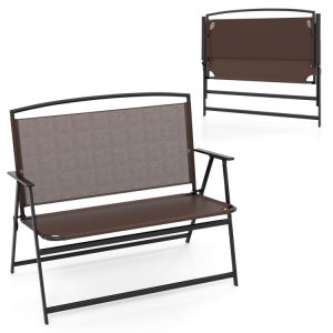 Folding Outdoor Garden Bench 2-Person Patio Bench with Backrest and Armrests Brown |   Outdoor Benches Outdoor & Patio Furniture Brown