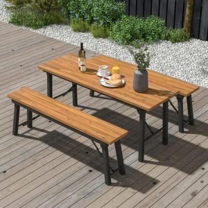 Folding Picnic Table Acacia Wood Dining Table with Metal Frame for Indoor Outdoor Activities  |   Patio Tables Outdoor & Patio Furniture Patio Tables