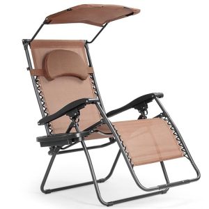 Folding Recliner Lounge Chair with Shade Canopy Cup Holder Brown |   Beach & Lawn Chairs Beach & Lawn Chairs Beach & Lawn Chairs