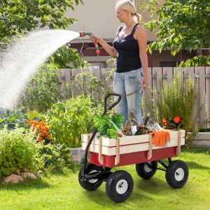 Garden Cart with Wood Railing and Pneumatic Wheels Natural+Red+Black |   Garden Tools Garden Garden Tools