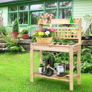 Garden Potting Bench Workstation Table with Sliding Tabletop Sink Shelves Natural |   Potting Benches & Tables Garden Natural