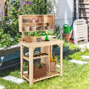 Garden Wooden Potting Table Workstation with Storage Shelf Natural |   Potting Benches & Tables Garden Natural