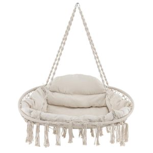 Hand-Woven Rope Hanging Chair with Thick Cushion and Folding Metal Frame Beige |   Hammocks Hammocks Beige