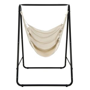 Hanging Padded Hammock Chair with Stand and Heavy Duty Steel Beige |   Hammocks Hammocks Beige