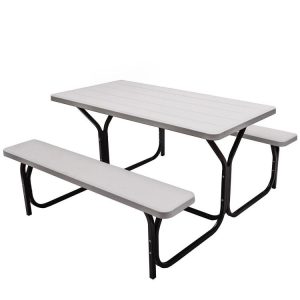 HDPE Outdoor Picnic Table Bench Set with Metal Base White |   Patio Tables Outdoor & Patio Furniture Patio Tables