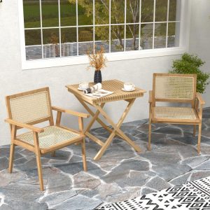 Indonesia Teak Wood Chair with Natural Rattan Seat and Curved Backrest for Backyard Porch Balcony  |   Patio Dining Chairs Outdoor & Patio Furniture Patio Dining Chairs