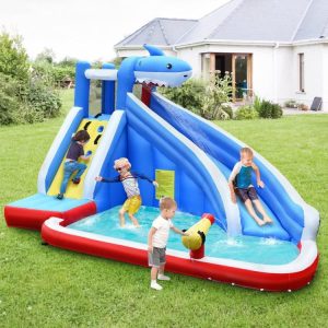 Inflatable Shark Bounce House with Water Slide and Climbing Wall without Blower Multicolor |   Bounce House Bounce House Bounce House