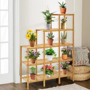 Multifunctional Bamboo Shelf Display Organizer Bamboo Color |   Plant Stands Garden Bamboo Color