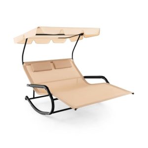 Outdoor 2 Persons Rocking Chaise Lounge with Canopy and Wheels Beige |   Patio Rocking Chairs & Gliders Outdoor & Patio Furniture Beige