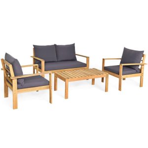 Outdoor 4 Pieces Acacia Wood Chat Set with Water Resistant Cushions Gray |   Patio Conversation Sets Outdoor & Patio Furniture Gray