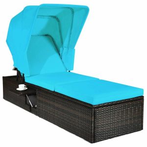 Outdoor Adjustable Cushioned Chaise Lounge Chair with Folding Canopy Turquoise |   Outdoor Chaise Lounges Outdoor & Patio Furniture Outdoor Chaise Lounges