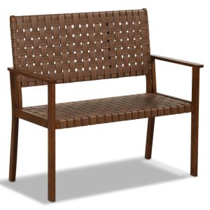 Outdoor All Weather Bench with Solid Rubber Wood Frame and Hand Woven PU Leather Brown |   Outdoor Benches Outdoor & Patio Furniture Brown