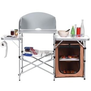 Outdoor BBQ Portable Grilling Table with Windscreen Bag Brown |   Camping Furniture Camping Brown