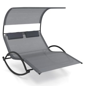 Outdoor Dual Rocker Sunbed 2-Person Canopied Patio Lounger with Detachable Headrests Gray |   Patio Rocking Chairs & Gliders Outdoor & Patio Furniture Gray