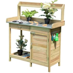 Outdoor Garden Wooden Work Station Potting Bench Natural Wood Color |   Potting Benches & Tables Garden Natural Wood Color