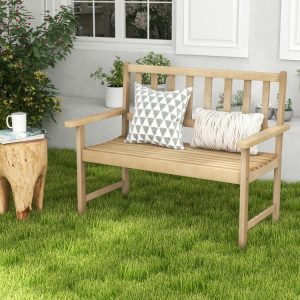 Outdoor Indonesia Teak Wood Garden Bench 2-Person with Backrest and Armrests  |   Outdoor Benches Outdoor & Patio Furniture Outdoor Benches