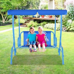 Outdoor Kids Patio Swing Bench with Canopy 2 Seats Blue |   Swing & Playsets Outdoor Play Blue