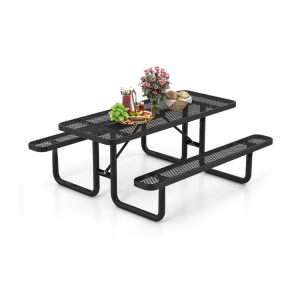 Outdoor Picnic Table and Bench Set for 8 Person with Seats and Mesh Grid Black |   Patio Tables Outdoor & Patio Furniture Black