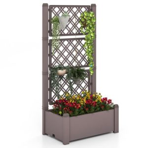 Outdoor Planter Box Self-Watering Raised Garden Bed Trellis with Water Level Indicator Coffee |   Raised Garden Beds Garden Coffee