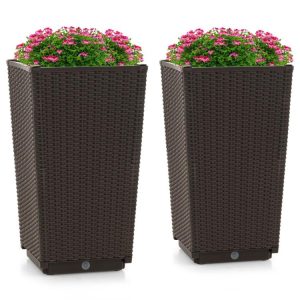 Outdoor Wicker Flower Pot Set of 2 with Drainage Hole for Porch Balcony Brown |   Raised Garden Beds Garden Brown