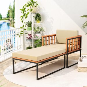 Patio Acacia Wood Armchair with Long Ottoman and Seat Back Cushions  |   Outdoor Chaise Lounges Outdoor & Patio Furniture Outdoor Chaise Lounges