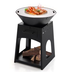 Patio Fire Pit with Firewood Log Rack with Grill and Ash Box Black |   Fire Pits Fire Pits Black