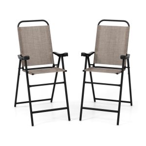 Patio Folding Bar Stool Set of 2 with Metal Frame and Footrest Coffee |   Patio Bar Furniture Outdoor & Patio Furniture Coffee