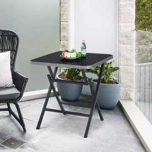 Patio Folding Square Dining Table with Aluminum Frame and Tempered Glass top Black |   Patio Tables Outdoor & Patio Furniture Black