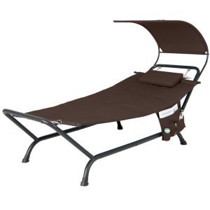 Patio Hanging Chaise Lounge Chair with Canopy Cushion Pillow and Storage Bag Brown |   Outdoor Chaise Lounges Outdoor & Patio Furniture Brown