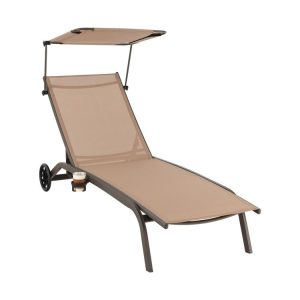 Patio Heavy-Duty Adjustable Chaise Lounge Chair with Canopy Cup holder and Wheels Brown |   Outdoor Chaise Lounges Outdoor & Patio Furniture Brown