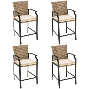 Patio Rattan Bar Stools Set of 4 with Soft Cushions Beige |   Patio Bar Furniture Outdoor & Patio Furniture Beige