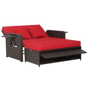 Patio Rattan Daybed with 4-Level Adjustable Backrest and Retractable Side Tray Red |   Outdoor Sectionals Outdoor & Patio Furniture Outdoor Sectionals