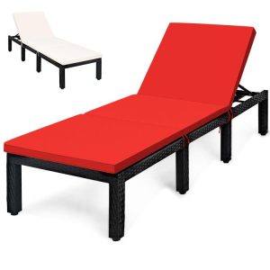 Patio Rattan Height Adjustable Lounge Chair with 2 Set of Cushion Cover Red & Off White |   Outdoor Chaise Lounges Outdoor & Patio Furniture Outdoor Chaise Lounges