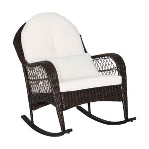 Patio Rattan Rocking Chair with Seat Back Cushions and Waist Pillow White |   Patio Rocking Chairs & Gliders Outdoor & Patio Furniture Patio Rocking Chairs & Gliders