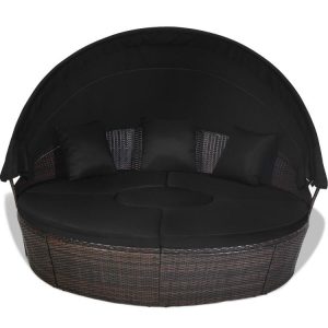 Patio Round Rattan Daybed with Retractable Canopy and Height Adjustable Coffee Table Black |   Outdoor Sectionals Outdoor & Patio Furniture Black