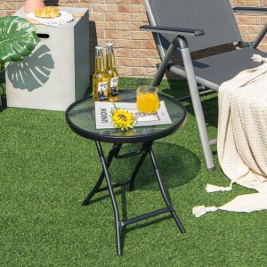 Patio Side Table with Tempered Glass Tabletop Black |   Patio Tables Outdoor & Patio Furniture Black