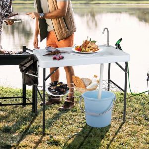 Portable Camping Fish Cleaning Table with Grid Rack and Faucet White, Black |   Camping Furniture Camping Camping Furniture