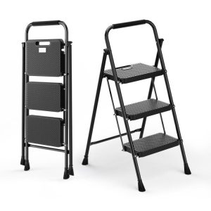 Portable Folding 3 Step Ladder with Wide Anti-Slip Pedal and Convenient Handle Black |   Garden Tools Garden Black