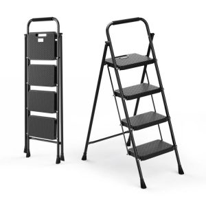 Portable Folding 4 Step Ladder Stool for Adults with Wide Anti-Slip Pedal Black |   Garden Tools Garden Black