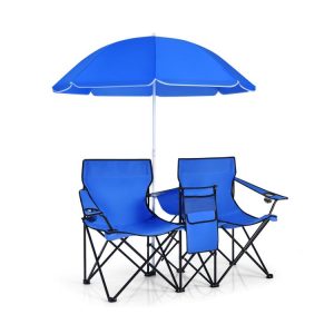 Portable Folding Picnic Double Chair With Removable Umbrella Blue |   Camping Furniture Camping Blue