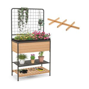 Raised Garden Bed with Trellis 2-tier Storage Shelves Natural |   Raised Garden Beds Garden Natural