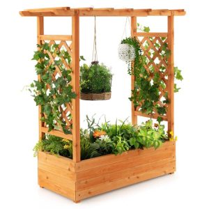 Raised Garden Bed with Trellis or Climbing Plant and Pot Hanging Natural |   Raised Garden Beds Garden Natural