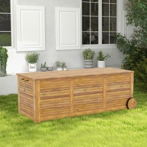 Rolling Patio Wooden Deck Box with 2 Wheels and Side Handle for Outdoor  |   Sheds & Outdoor Storage Outdoor Storage & Garages Sheds & Outdoor Storage